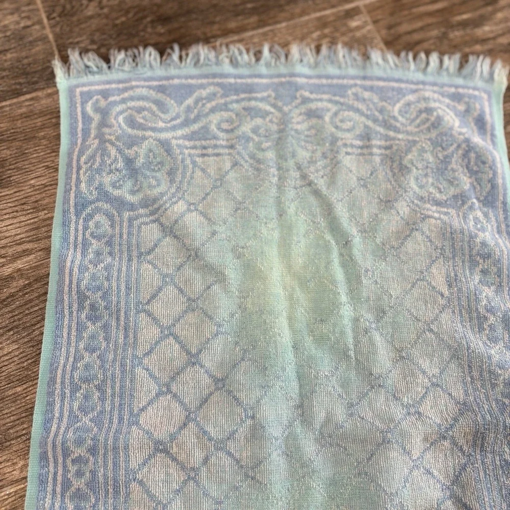 Vintage 1960s 1970s Martex Blue Ornate Hand Towel Fringe Made USA Cotton MCM